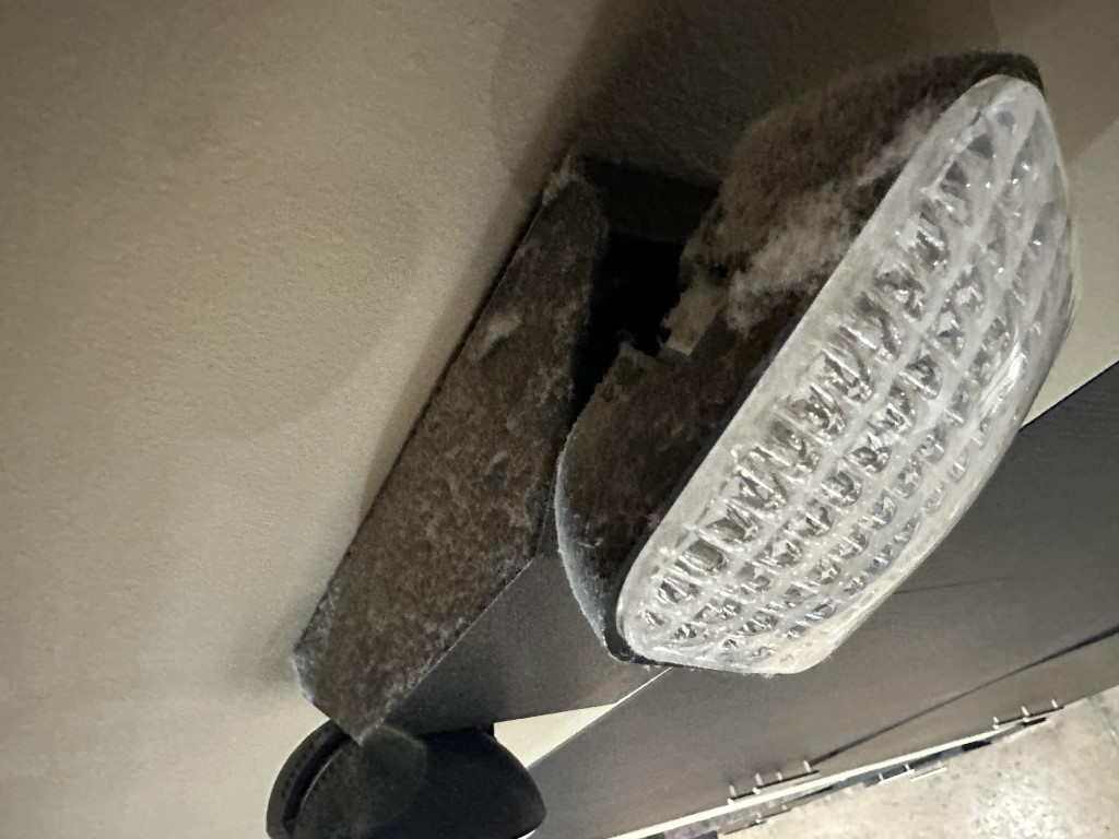 High dusting of rafters and light fixtures